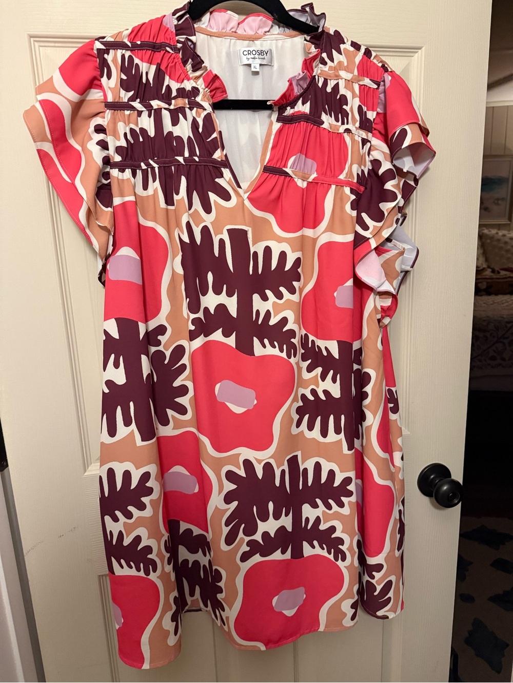 Crosby by Mollie Burch - Floral Print Ruffle Dress in Coral, Burgundy and Peach